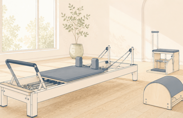 Doğal ışıklı stüdyoda pilates reformer ve aletli pilates ekipmanlarının minimalist gösterimi