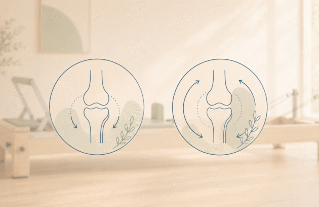 Eklem hipermobilite ve klinik pilates — kontrollü ve geniş eklem hareket açıklığı ikonları, arkada reformer