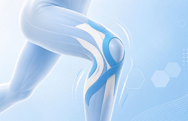 Kinesio bantlama uygulamasında anatomik yönlere göre yerleştirilmiş bant şeritlerini gösteren silüet illüstrasyonu