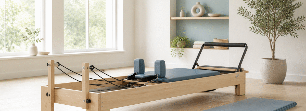 Klinik Pilates — Sakin Pilates stüdyosu — reformer makinesi ve katlanmış mat