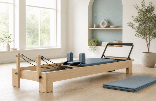 Klinik Pilates — Sakin Pilates stüdyosu — reformer makinesi ve katlanmış mat