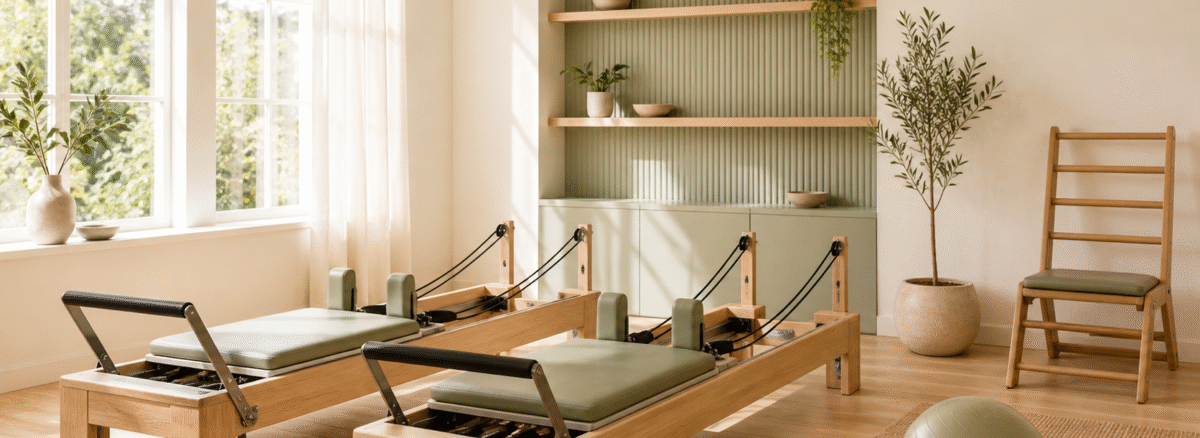 Klinik Pilates Uygulama — Pilates stüdyosu interior — iki reformer ve egzersiz topu