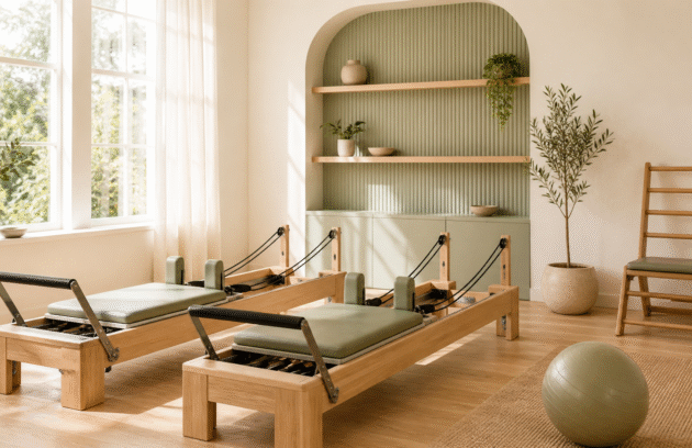Klinik Pilates Uygulama — Pilates stüdyosu interior — iki reformer ve egzersiz topu