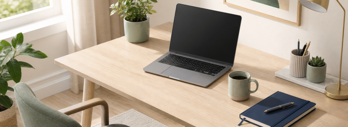 Ofis Postür Egzersizleri — Sade ev ofisi masası — laptop, defter, saksı ve kupa