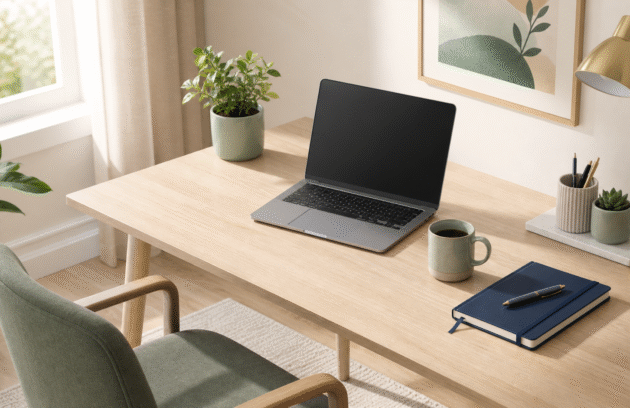 Ofis Postür Egzersizleri — Sade ev ofisi masası — laptop, defter, saksı ve kupa