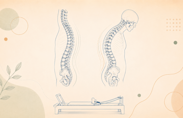 Postür ve klinik pilates — yan görünüm iki omurga anatomi karşılaştırması, altında reformer ikonu