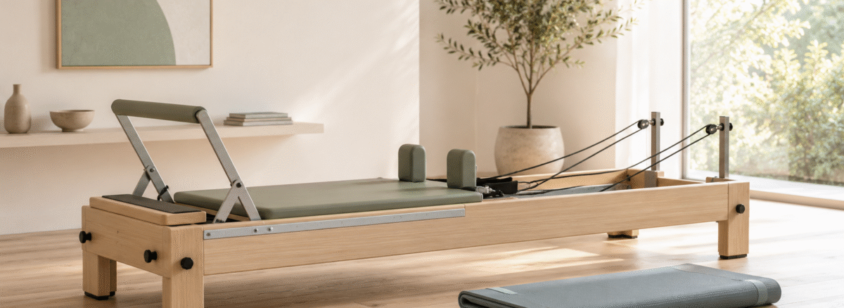 Reformer pilates — yan görünüm reformer makinesi ve katlanmış mat, ahşap zemin