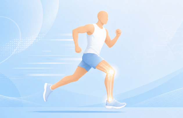 Sporcu rehabilitasyonunda koşu hareketini ve alt ekstremite ekleminin fizyoterapi değerlendirmesini gösteren silüet illüstrasyonu