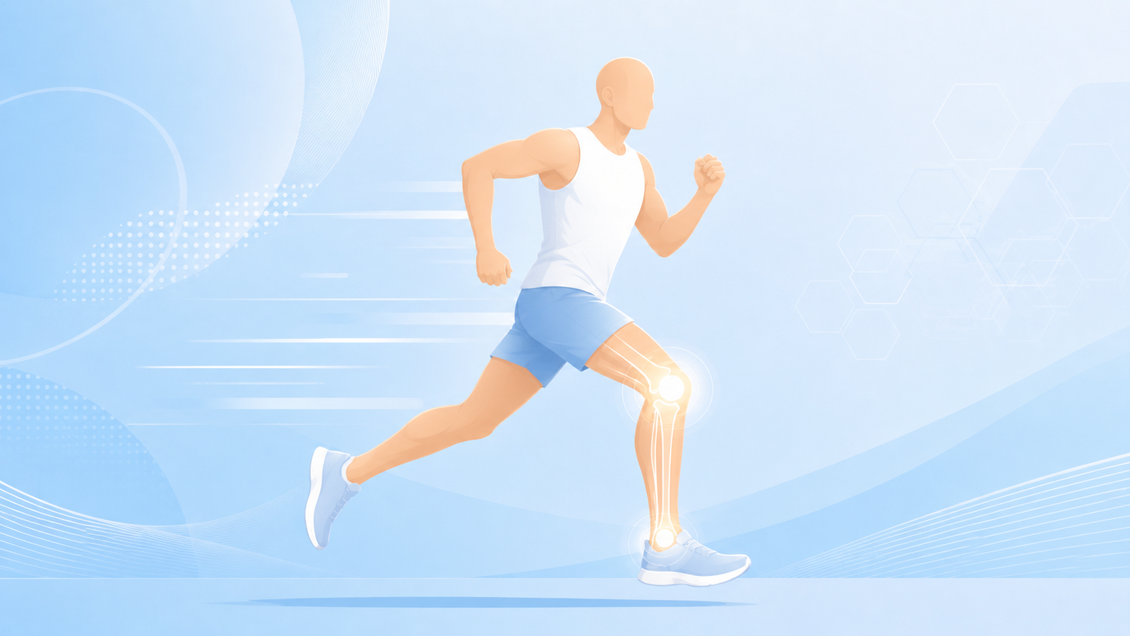Sporcu rehabilitasyonunda koşu hareketini ve alt ekstremite ekleminin fizyoterapi değerlendirmesini gösteren silüet illüstrasyonu